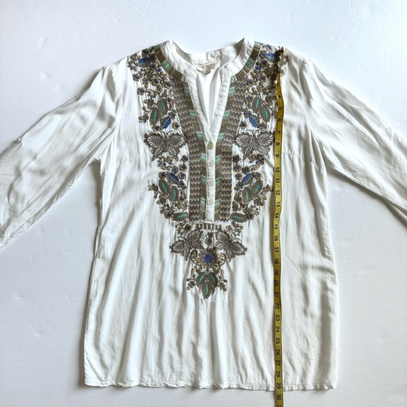 Luna Moon Floral Embroidered Tunic Top M Ivory Boho Sheer Roll Tab Sleeves Swim - Picture 9 of 11